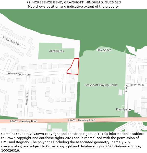 72, HORSESHOE BEND, GRAYSHOTT, HINDHEAD, GU26 6ED: Location map and indicative extent of plot