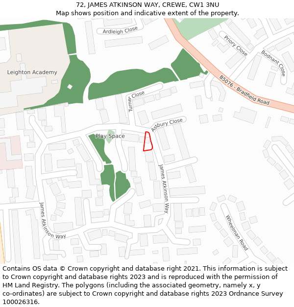 72, JAMES ATKINSON WAY, CREWE, CW1 3NU: Location map and indicative extent of plot