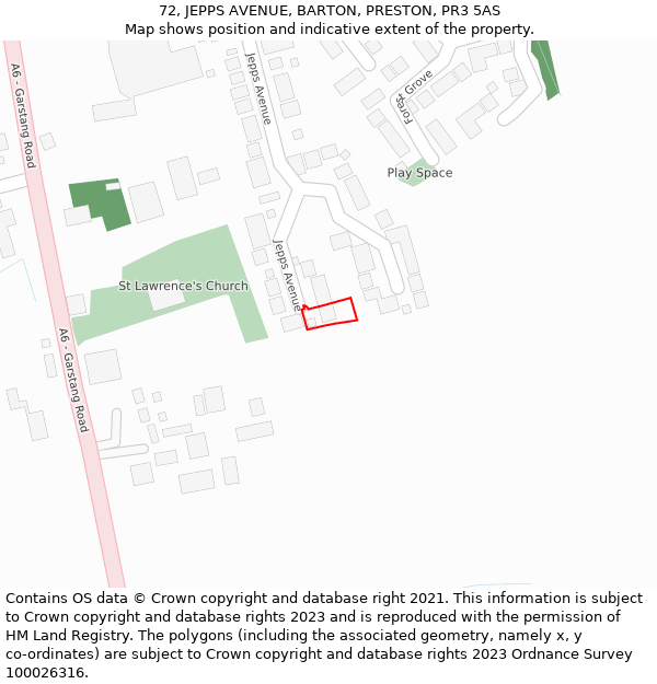 72, JEPPS AVENUE, BARTON, PRESTON, PR3 5AS: Location map and indicative extent of plot