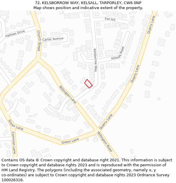 72, KELSBORROW WAY, KELSALL, TARPORLEY, CW6 0NP: Location map and indicative extent of plot