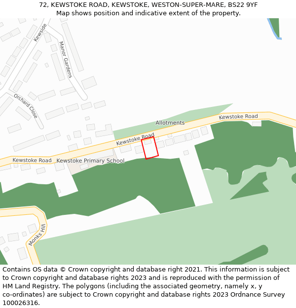 72, KEWSTOKE ROAD, KEWSTOKE, WESTON-SUPER-MARE, BS22 9YF: Location map and indicative extent of plot