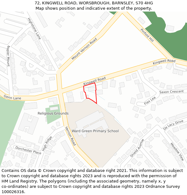 72, KINGWELL ROAD, WORSBROUGH, BARNSLEY, S70 4HG: Location map and indicative extent of plot
