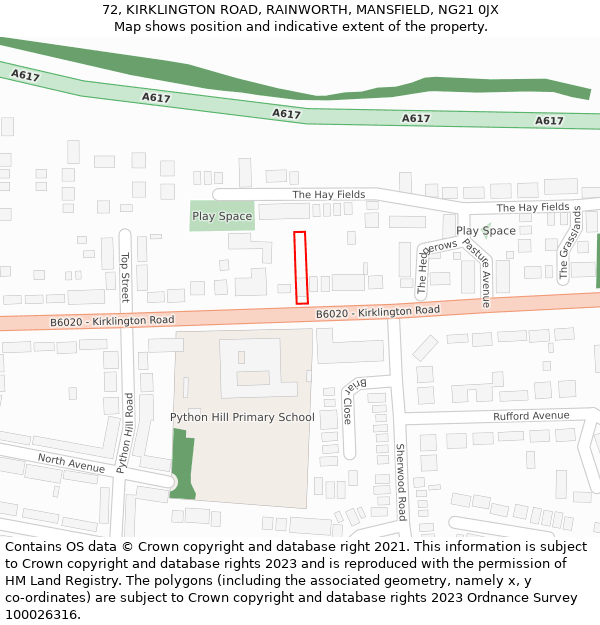 72, KIRKLINGTON ROAD, RAINWORTH, MANSFIELD, NG21 0JX: Location map and indicative extent of plot