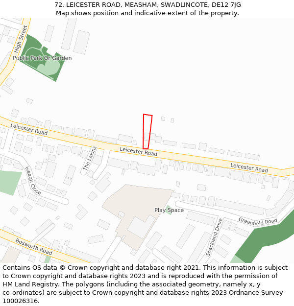 72, LEICESTER ROAD, MEASHAM, SWADLINCOTE, DE12 7JG: Location map and indicative extent of plot