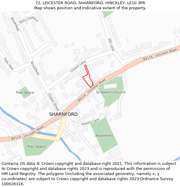 72, LEICESTER ROAD, SHARNFORD, HINCKLEY, LE10 3PR: Location map and indicative extent of plot