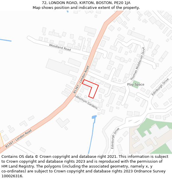 72, LONDON ROAD, KIRTON, BOSTON, PE20 1JA: Location map and indicative extent of plot