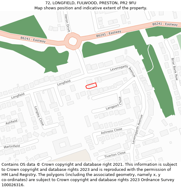 72, LONGFIELD, FULWOOD, PRESTON, PR2 9FU: Location map and indicative extent of plot
