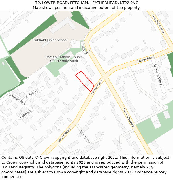 72, LOWER ROAD, FETCHAM, LEATHERHEAD, KT22 9NG: Location map and indicative extent of plot