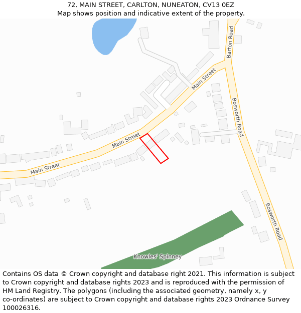 72, MAIN STREET, CARLTON, NUNEATON, CV13 0EZ: Location map and indicative extent of plot