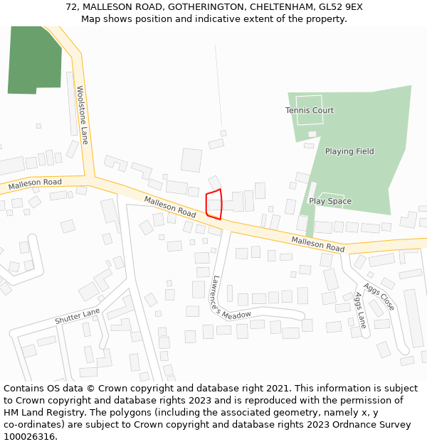 72, MALLESON ROAD, GOTHERINGTON, CHELTENHAM, GL52 9EX: Location map and indicative extent of plot