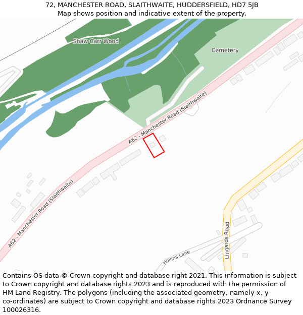 72, MANCHESTER ROAD, SLAITHWAITE, HUDDERSFIELD, HD7 5JB: Location map and indicative extent of plot
