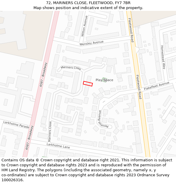 72, MARINERS CLOSE, FLEETWOOD, FY7 7BR: Location map and indicative extent of plot