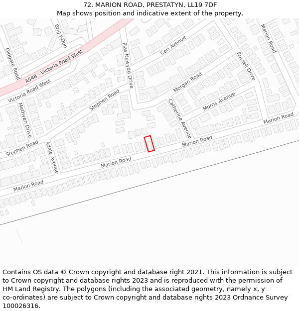 72, MARION ROAD, PRESTATYN, LL19 7DF: Location map and indicative extent of plot