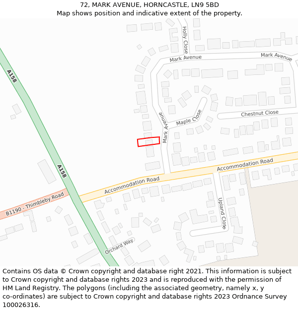 72, MARK AVENUE, HORNCASTLE, LN9 5BD: Location map and indicative extent of plot