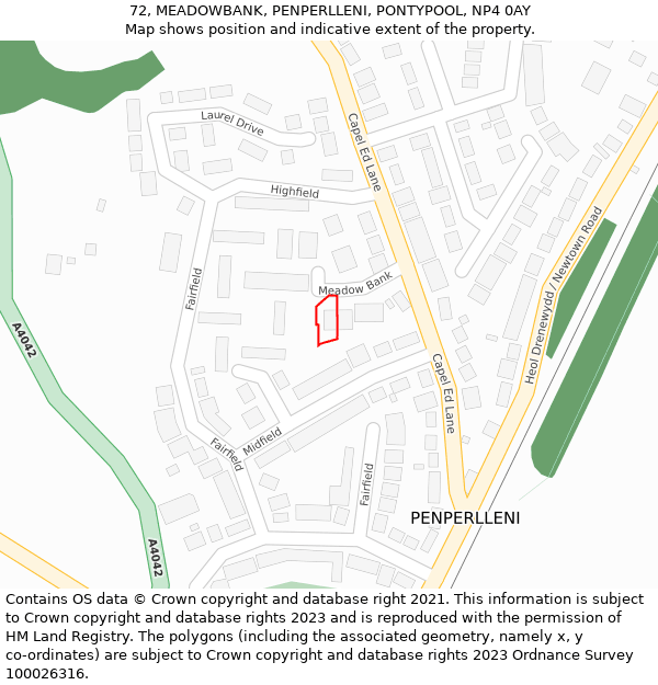 72, MEADOWBANK, PENPERLLENI, PONTYPOOL, NP4 0AY: Location map and indicative extent of plot