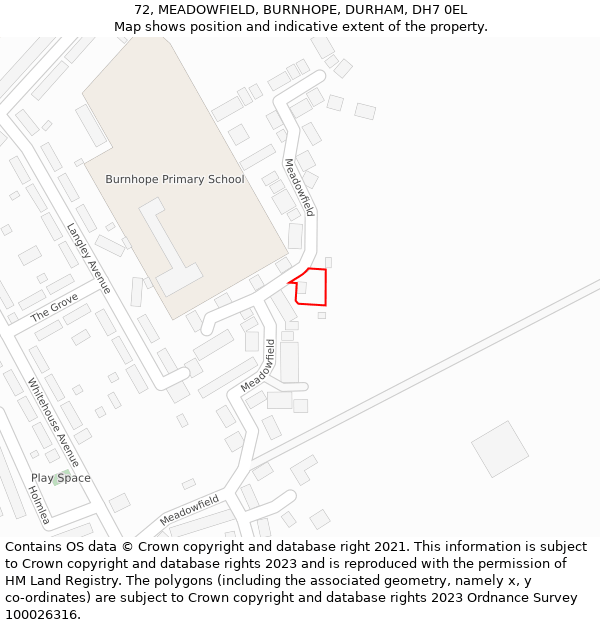 72, MEADOWFIELD, BURNHOPE, DURHAM, DH7 0EL: Location map and indicative extent of plot