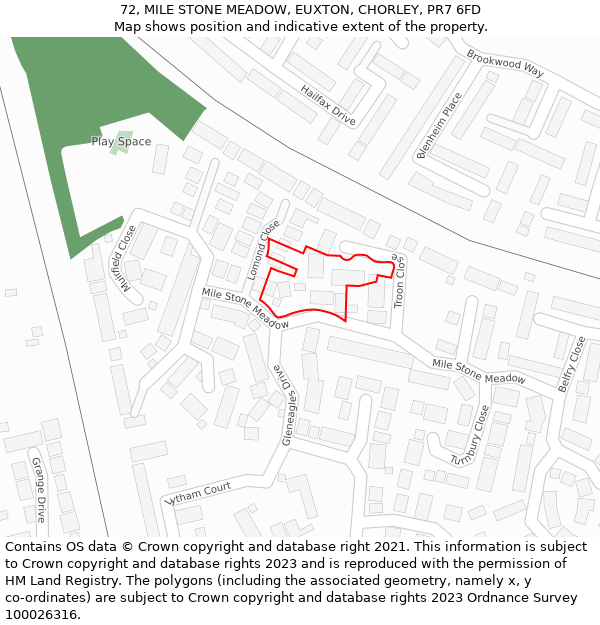 72, MILE STONE MEADOW, EUXTON, CHORLEY, PR7 6FD: Location map and indicative extent of plot