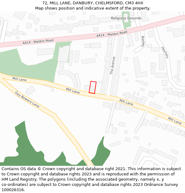 72, MILL LANE, DANBURY, CHELMSFORD, CM3 4HX: Location map and indicative extent of plot