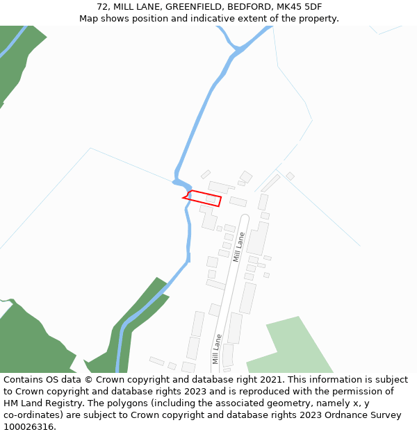 72, MILL LANE, GREENFIELD, BEDFORD, MK45 5DF: Location map and indicative extent of plot