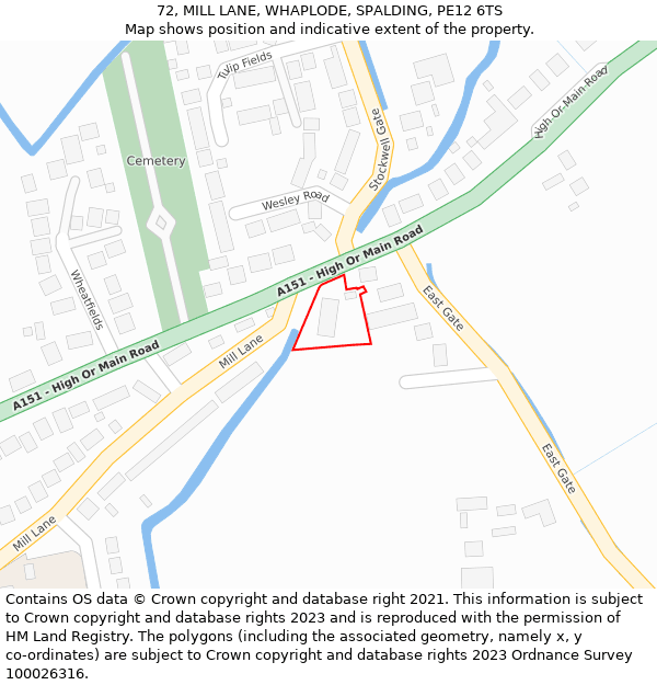 72, MILL LANE, WHAPLODE, SPALDING, PE12 6TS: Location map and indicative extent of plot