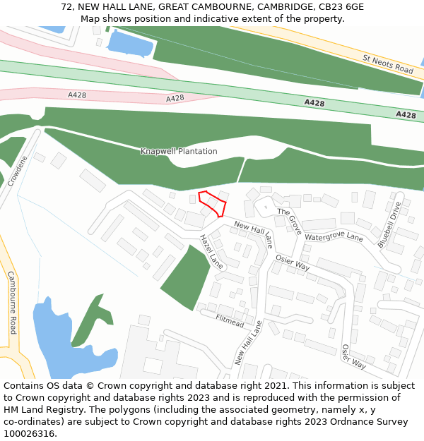 72, NEW HALL LANE, GREAT CAMBOURNE, CAMBRIDGE, CB23 6GE: Location map and indicative extent of plot