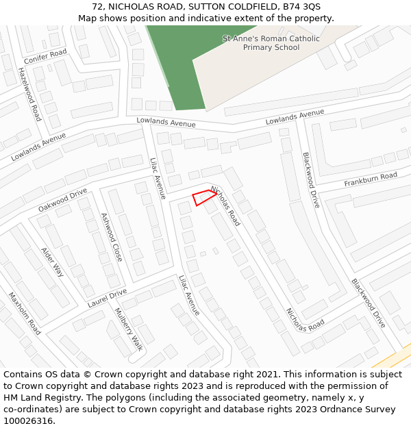 72, NICHOLAS ROAD, SUTTON COLDFIELD, B74 3QS: Location map and indicative extent of plot