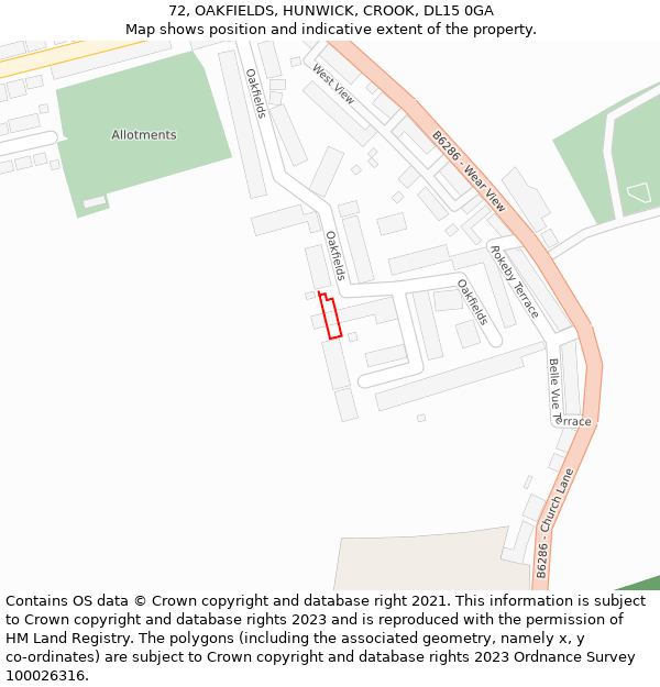 72, OAKFIELDS, HUNWICK, CROOK, DL15 0GA: Location map and indicative extent of plot