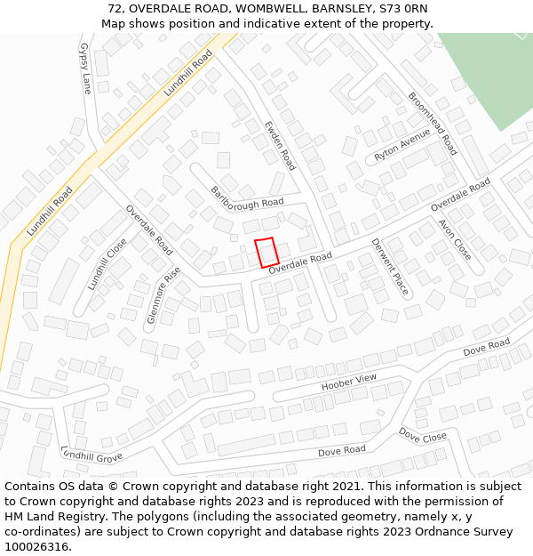 72, OVERDALE ROAD, WOMBWELL, BARNSLEY, S73 0RN: Location map and indicative extent of plot