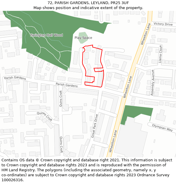 72, PARISH GARDENS, LEYLAND, PR25 3UF: Location map and indicative extent of plot