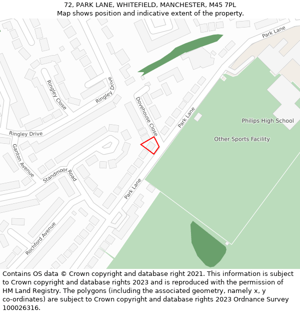 72, PARK LANE, WHITEFIELD, MANCHESTER, M45 7PL: Location map and indicative extent of plot