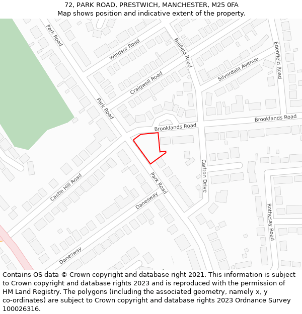 72, PARK ROAD, PRESTWICH, MANCHESTER, M25 0FA: Location map and indicative extent of plot