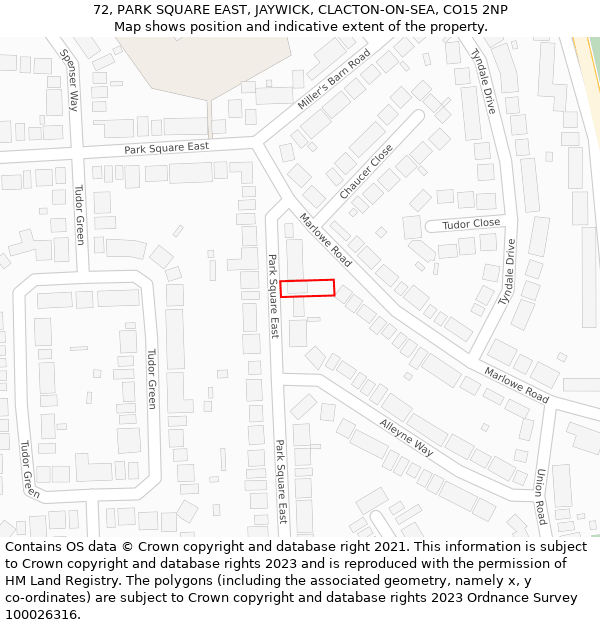 72, PARK SQUARE EAST, JAYWICK, CLACTON-ON-SEA, CO15 2NP: Location map and indicative extent of plot