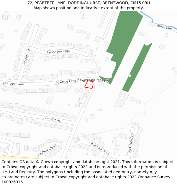 72, PEARTREE LANE, DODDINGHURST, BRENTWOOD, CM15 0RH: Location map and indicative extent of plot
