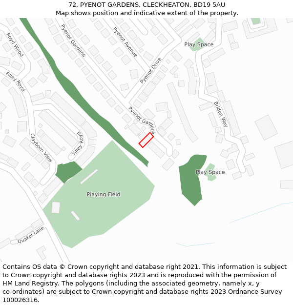 72, PYENOT GARDENS, CLECKHEATON, BD19 5AU: Location map and indicative extent of plot