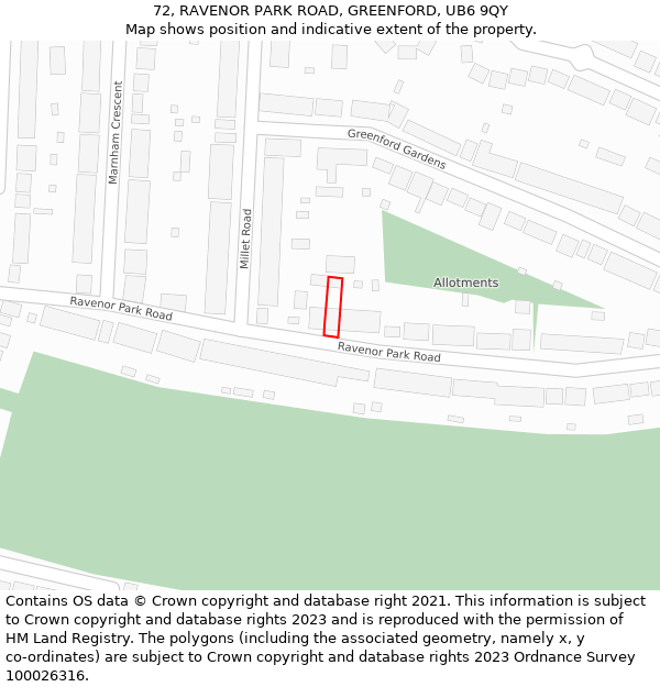 72, RAVENOR PARK ROAD, GREENFORD, UB6 9QY: Location map and indicative extent of plot