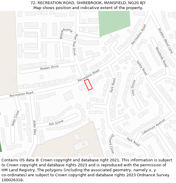 72, RECREATION ROAD, SHIREBROOK, MANSFIELD, NG20 8JY: Location map and indicative extent of plot