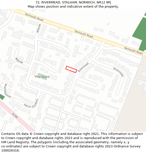 72, RIVERMEAD, STALHAM, NORWICH, NR12 9PJ: Location map and indicative extent of plot