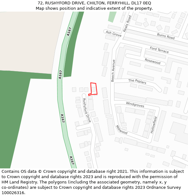 72, RUSHYFORD DRIVE, CHILTON, FERRYHILL, DL17 0EQ: Location map and indicative extent of plot