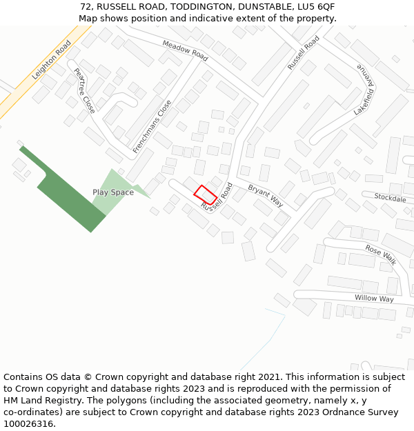 72, RUSSELL ROAD, TODDINGTON, DUNSTABLE, LU5 6QF: Location map and indicative extent of plot