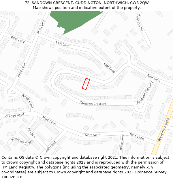 72, SANDOWN CRESCENT, CUDDINGTON, NORTHWICH, CW8 2QW: Location map and indicative extent of plot