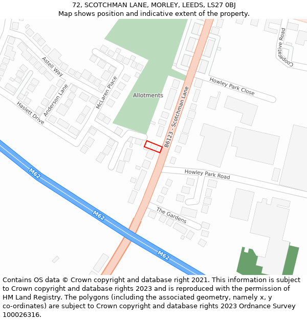 72, SCOTCHMAN LANE, MORLEY, LEEDS, LS27 0BJ: Location map and indicative extent of plot