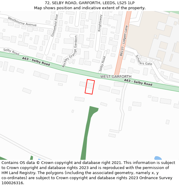 72, SELBY ROAD, GARFORTH, LEEDS, LS25 1LP: Location map and indicative extent of plot