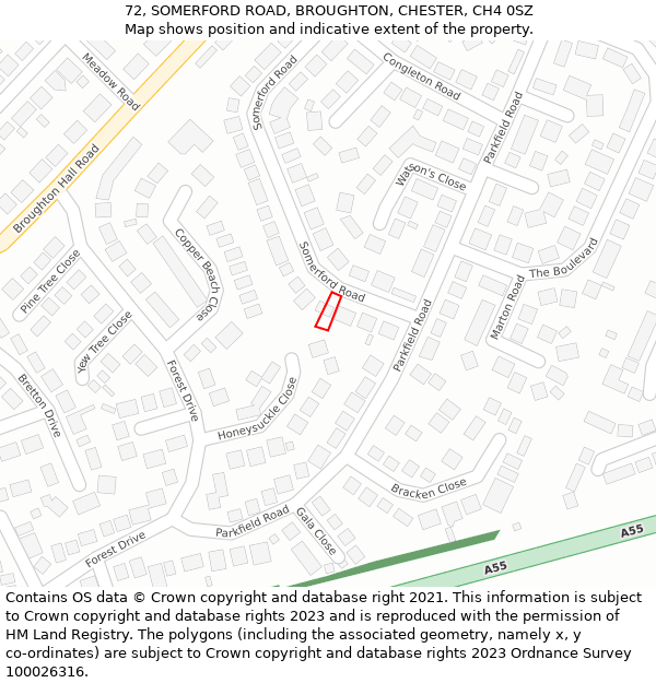 72, SOMERFORD ROAD, BROUGHTON, CHESTER, CH4 0SZ: Location map and indicative extent of plot