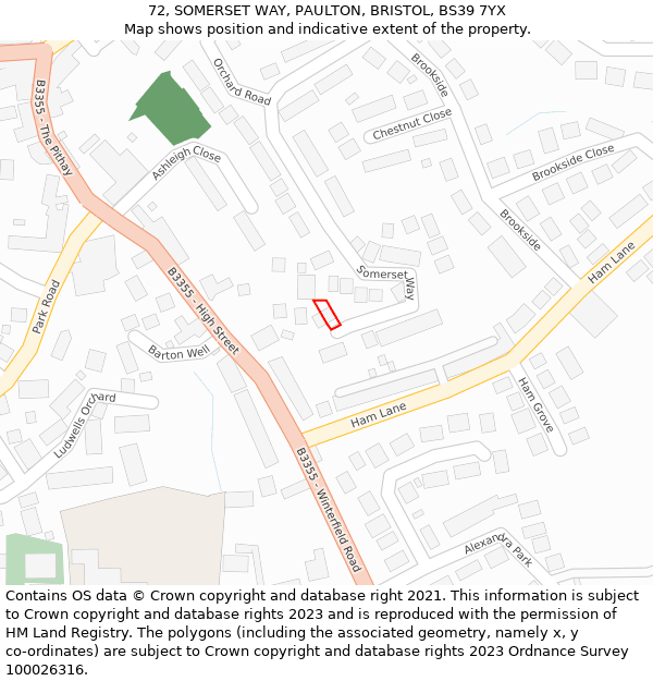 72, SOMERSET WAY, PAULTON, BRISTOL, BS39 7YX: Location map and indicative extent of plot