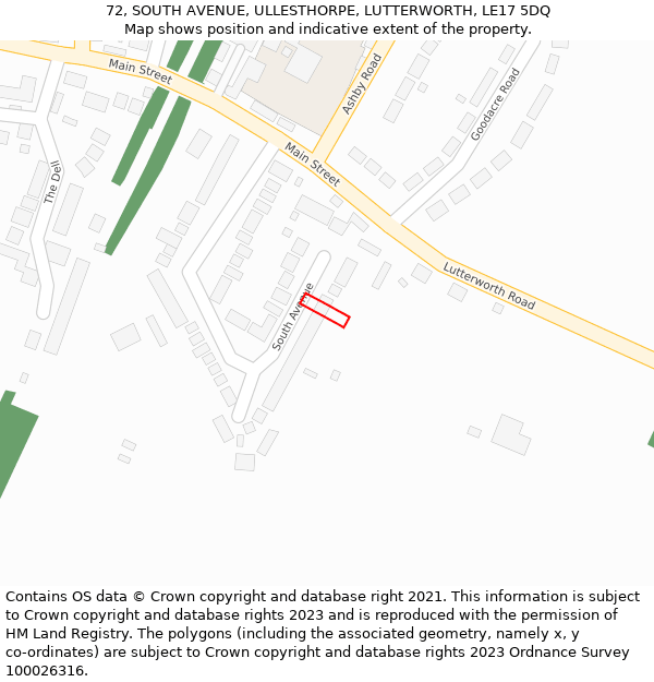 72, SOUTH AVENUE, ULLESTHORPE, LUTTERWORTH, LE17 5DQ: Location map and indicative extent of plot