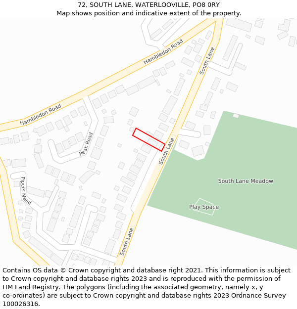 72, SOUTH LANE, WATERLOOVILLE, PO8 0RY: Location map and indicative extent of plot