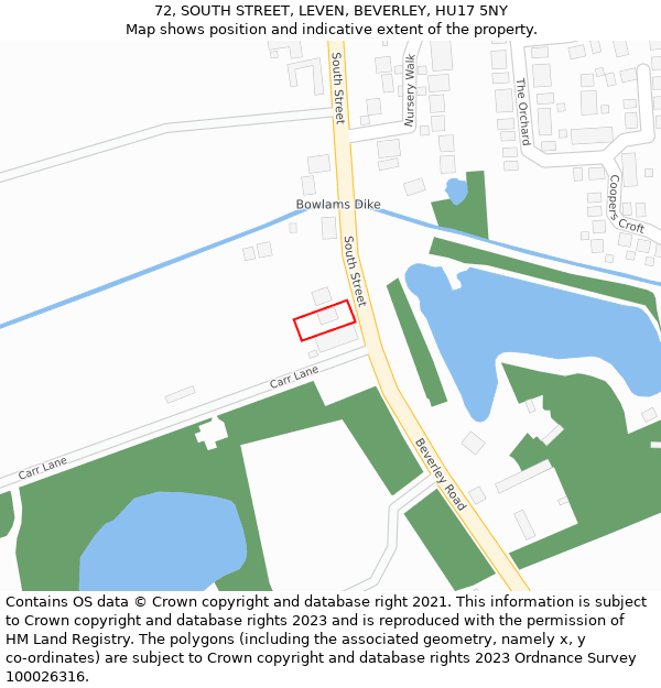 72, SOUTH STREET, LEVEN, BEVERLEY, HU17 5NY: Location map and indicative extent of plot