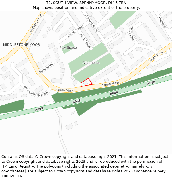 72, SOUTH VIEW, SPENNYMOOR, DL16 7BN: Location map and indicative extent of plot