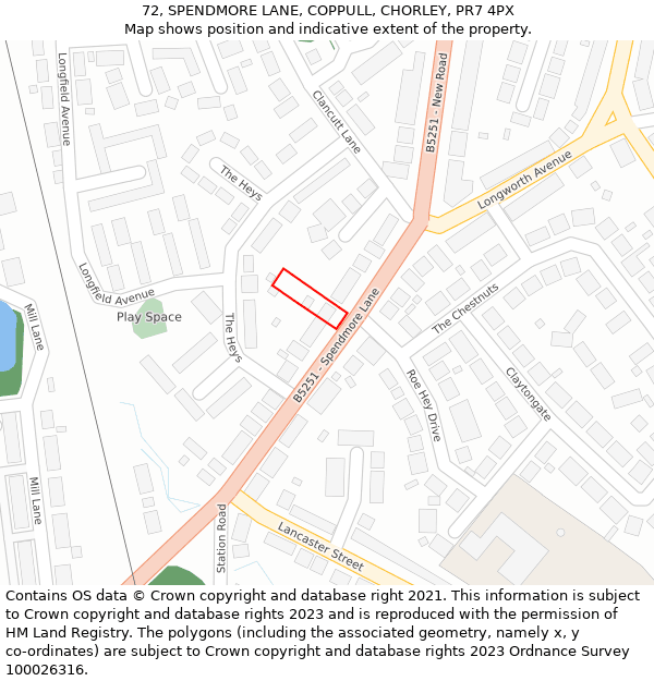 72, SPENDMORE LANE, COPPULL, CHORLEY, PR7 4PX: Location map and indicative extent of plot