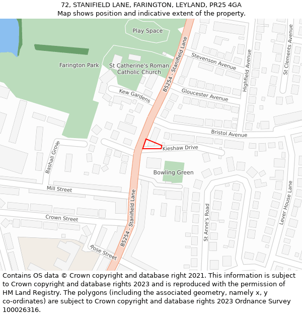 72, STANIFIELD LANE, FARINGTON, LEYLAND, PR25 4GA: Location map and indicative extent of plot